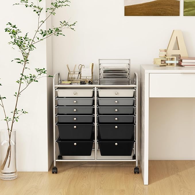 LDAILY 12 Drawer Rolling Storage Cart, Craft Cart Organizer on Wheels w/Metal Frame, Large Capacity & Smooth Drawer, Rolling Cart w/Drawers for Classroom, Office