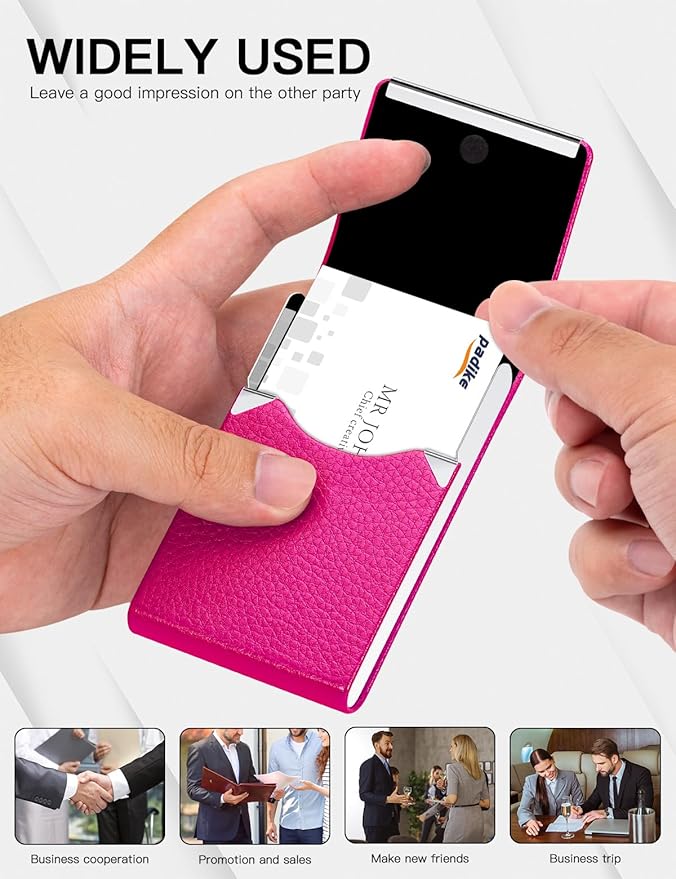 Padike PU Leather Business Card Holder for Women Professional Business Name Card Holder Stainless Steel Business Card Case with Magnetic Shut (Rose red)