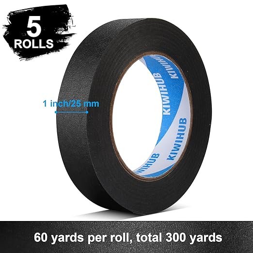 KIWIHUB Black Painters Tape,1" x 60 Yards x 5 Rolls (300 Yards Total) - Medium Adhesive Masking Tape for Painting,Labeling,DIY Crafting,Decoration and School Projects