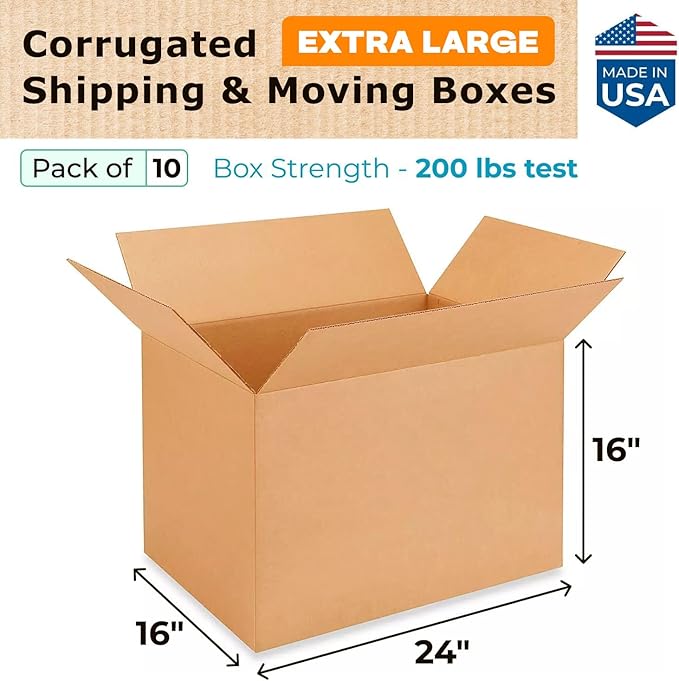 Extra Large Shipping & Moving Boxes 24x16x16 inches (10-Pack) - Extra Strength 200 lb vs Regular - Corrugated Cardboard Boxes - Moving Supplies Box - Large Moving Box heavy duty by IDL Packaging