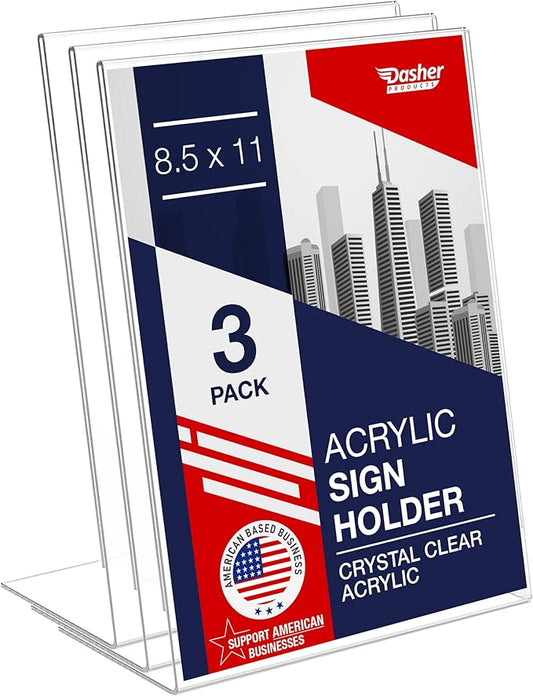 Slant Back Acrylic Sign Holder 8.5 x 11 Inches, Portrait Ad Frame and Flyer Display Stand. Menu Holder and Table Sign Display for Home, Office, Store, or Restaurant Use. Acrylic Stands for Tabletop (3 Pack)