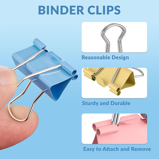 NEEWAY 100 Count Binder Clips Assorted Sizes, Paper Binder Clips (0.6inch 0.75inch 1inch), Metal Paper Clamps for Office and Home