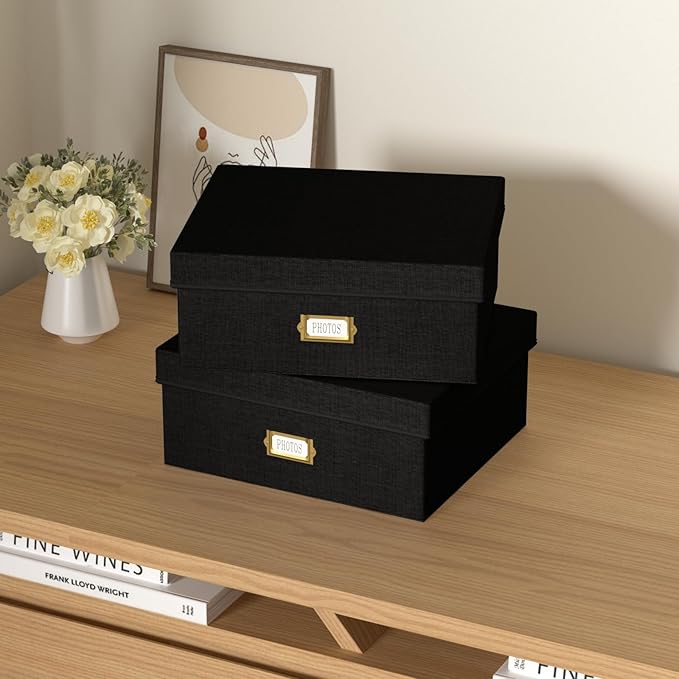 Decorative Photo Storage Box - 2 Pack Linen Photo Box Organizer with Dividers, Fits Holds Up to 1700 Pictures and 4x6 Photos, Memory Keepsake Organizer for Scrapbook Supplies, Cards, Stamps (Black)