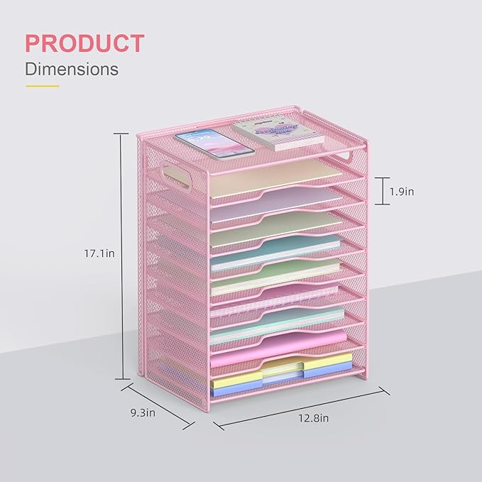 OUTWOLF 10 Tier Paper Organizer - Letter Tray Mesh Desk File Organizer with Handles for Office School Desktop,Pink