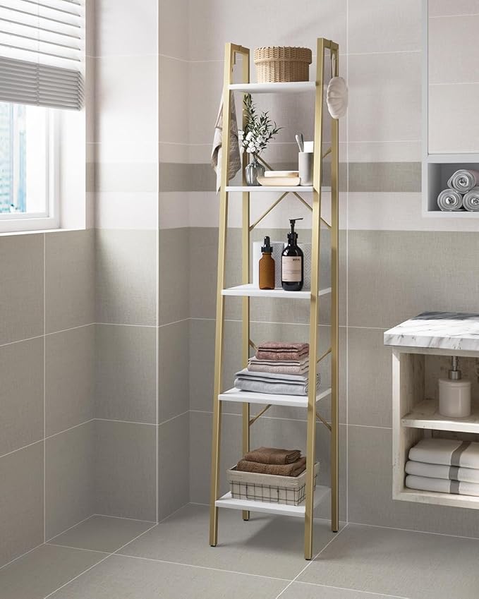 Hzuaneri Ladder Shelf, Bookshelf Bookcase, Freestanding Corner Storage Shelve with 2 Hooks for Home Office, Living Room, Kitchen, Bedroom, Industrial, 11.8" D x 13.4" W x 63" H, White Gold BC03213G