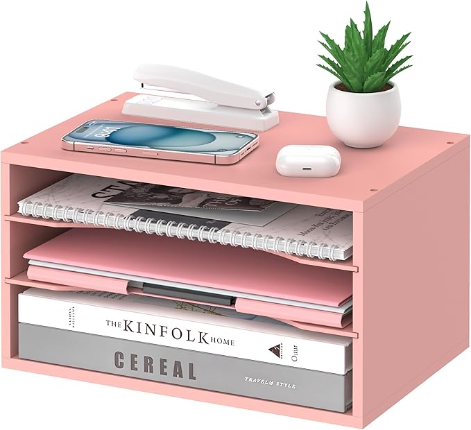 SHARKWOODS Wood Desk Organizer, 3 Tier Paper Tray Organizer for Desk with Adjustable Storage Shelves, Desktop File Organization Paper Sorter Mail Holder for Office Home Classroom, Pink