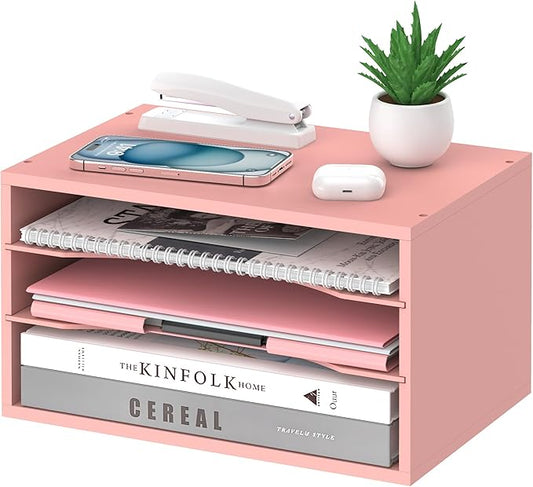 SHARKWOODS Wood Desk Organizer, 3 Tier Paper Tray Organizer for Desk with Adjustable Storage Shelves, Desktop File Organization Paper Sorter Mail Holder for Office Home Classroom, Pink