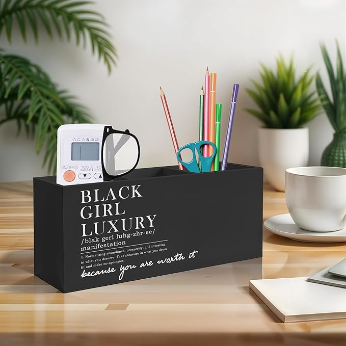 Exqcom Black Girl Luxury Inspirational Pen Pencil Holder, Desk Accessories Gifts for Black Women, African American Positive Affirmations Pencil Pen Holder Organizer for Home Office
