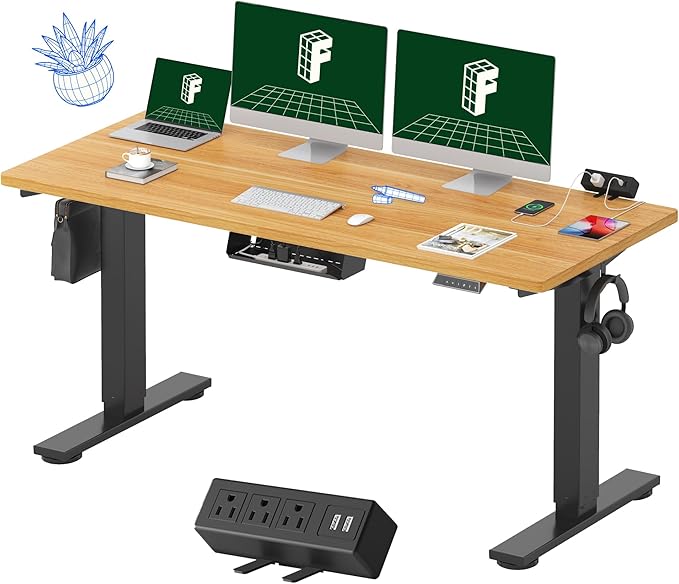 FLEXISPOT EN2Whole-Piece Standing Desk with Clamp Power Strip, 60 x 24 Electric Stand Up Height Adjustable Desk with Cable Management (Black Frame +60" Maple Top, 2 Packages)