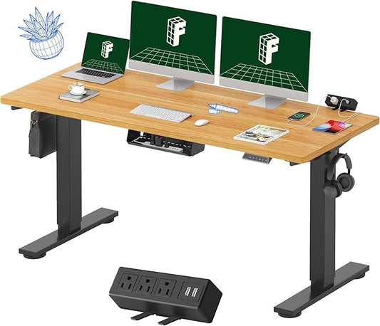 FLEXISPOT EN2Whole-Piece Standing Desk with Clamp Power Strip, 60 x 24 Electric Stand Up Height Adjustable Desk with Cable Management (Black Frame +60" Maple Top, 2 Packages)