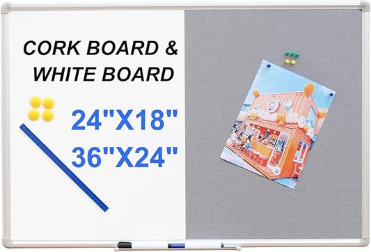 DEVELOP Grey Felt Bulletin & Magnetic Dry Erase Combo Board, 36 x 24 Inch Hanging Whiteboard/Grey Felt Bulletin Combination Board with Marker Tray, Pins, Eraser, Markers & Magnets