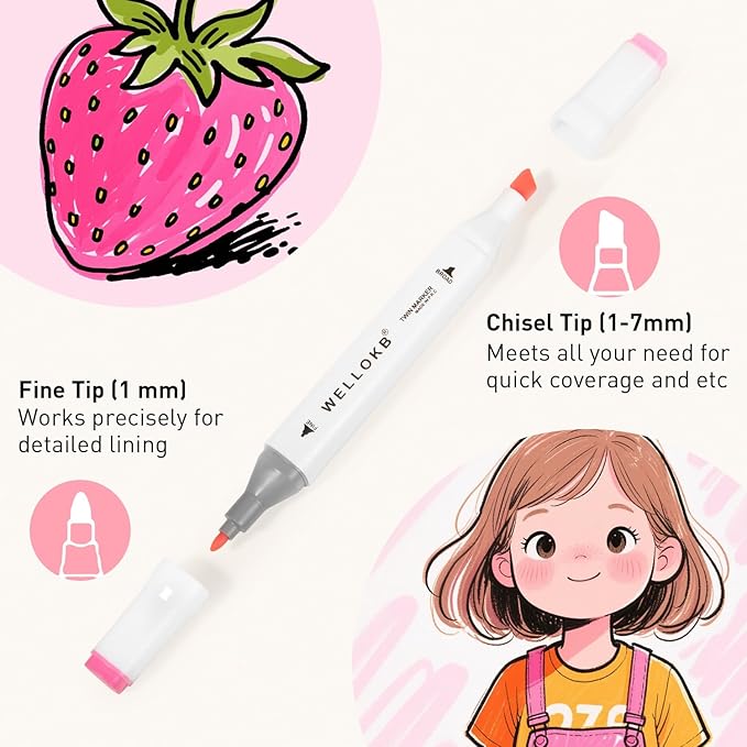 WELLOKB Alcohol Markers Set, 80 colors Alcohol Based Dual Tip, Broad and Fine Tip for Adult Coloring Books, Drawing, Sketching