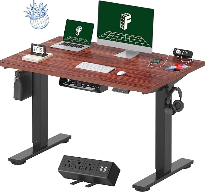 FLEXISPOT EN2 Whole-Piece Standing Desk with Clamp Power Strip, 48 x 30 Electric Stand Up Height Adjustable Desk with Cable Management (Black Frame + 48" MahoganyTop, 2 Packages)
