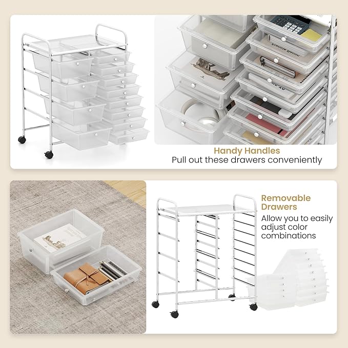 Giantex 12 Drawer Rolling Cart with Drawers, Storage Organizer Cart for Classroom Office School Teacher, Mobile Drawer Cart for Tools, Crafts, Small Printer, Clear