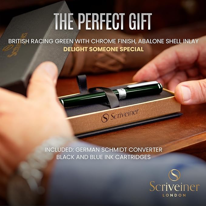 Scriveiner British Racing Green Fountain Pen - Stunning Luxury Pen with Chrome Finish, Schmidt Nib (Fine), Best Pen Gift Set for Men & Women, Professional, Executive, Office, Nice Pens