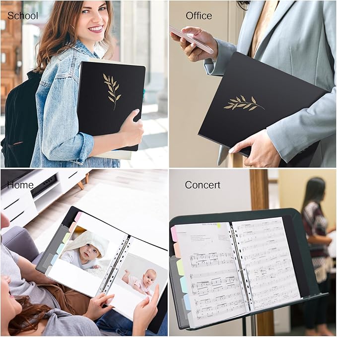Uquelic 80-Pocket Binder with Plastic Sleeves for Letter/A4 Size(11" x 8.5"), Golden Leaf Printed Cover, Document Binder Organizer for Papers, Certificates and Artwork with Rainbow PP Divider Pages