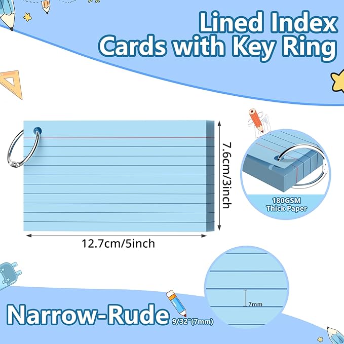 Ciphyfee Index Cards 3x5 Inch With Ring, 300 Count, Ruled Blue Index Card, 180GSM Flash Cards College Ruled for Students, Teachers, Study Note Card for Office, Home, School, Office