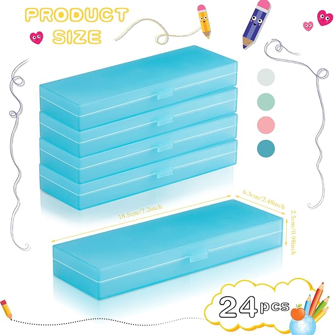 Fainne 24 Pcs Plastic Pencil Case Bulk Pencil Boxes Plastic Stationery Case Frosted Pen Box Pen Holder with Hinged Lid Snap Closure for Office(Single Layer,Blue,7.09 x 2.36 x 0.98 Inch)