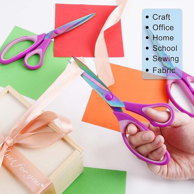 Zicolu 8.5" Scissors All Purpose, Multipurpose Office Scissors Set of 3 Pack, Titanium Coating Sharp Blade, Soft Comfort-Grip, Ideal for Fabric, School, Home, Craft & Sewing, Right/Left Handed, Purple