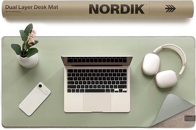 Nordik Felt and Leather Desk Mat - Willow Haze Sage - 35x17 Inch Felt and Vegan Leather Desk Blotter with Document Hideaway - Large Computer Mats for Desktop - Ideal Keyboard Mat for Office and Home