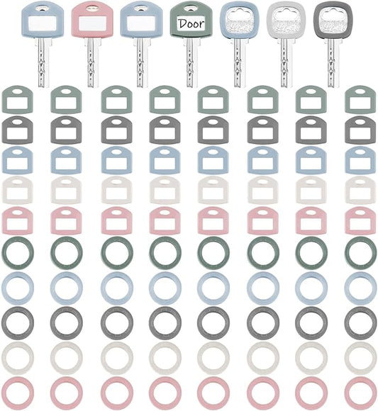 Blulu 80 Pcs Key Labels Key Color Covers Caps Tags Covers Set Plastic Keys Identifier Rings Toppers for Tags Organization House, 2 Styles(5 Morandi Color)