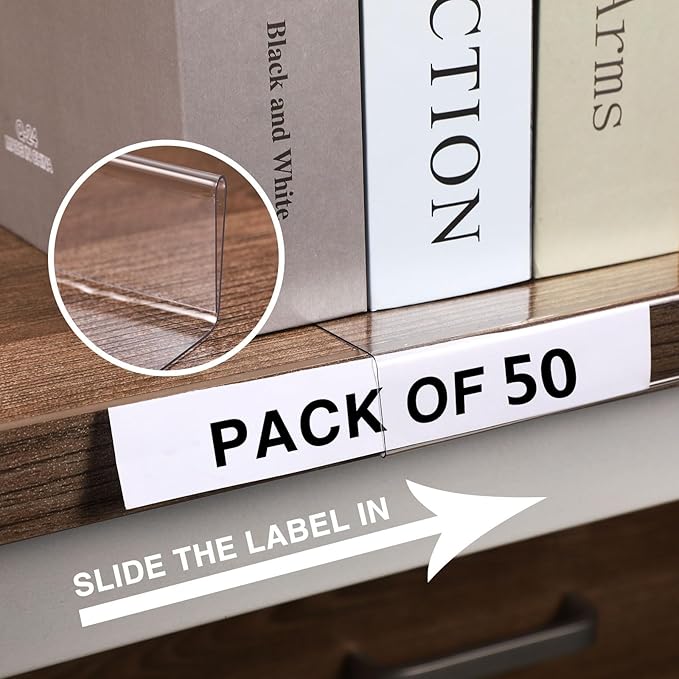 Containlol 50 Pcs Moveable Shelf Label Holders, Clear Bookshelf Label Library Shelf Markers Bookshelf Divider Tags for Library Office Classroom Home(6.5 x 5.12 x 0.8 Inch)