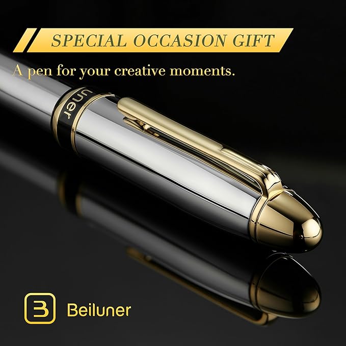 BEILUNER 315 Silver Chrome Fountain Pen,Stunning Luxury Pens with 24K Gold Accents, Gorgeous 24K Gilded Nib(Fine), Ink Converter,Fancy Pen Gift for Men&Women-Elegant, Office, Writing, Nice Design
