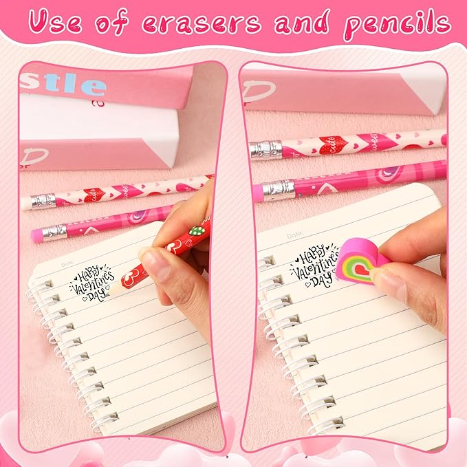 JULMELON 72PCS Valentine's Day Party Favors Set,36PCS Valentines Pencils with 36PCS Heart Erasers, Wooden Pencils for Kids School Classroom Office Party Reward Supplies
