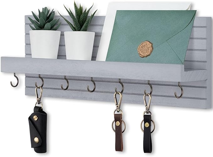 Lwenki Decorative Key Holder for Wall with Shelf, Entryway Shelf with Hooks Holds Leashes, Jackets and Glasses – Sturdy Wood Keyholder Entrance Hanger with Mounting Hardware (Gray, Large)