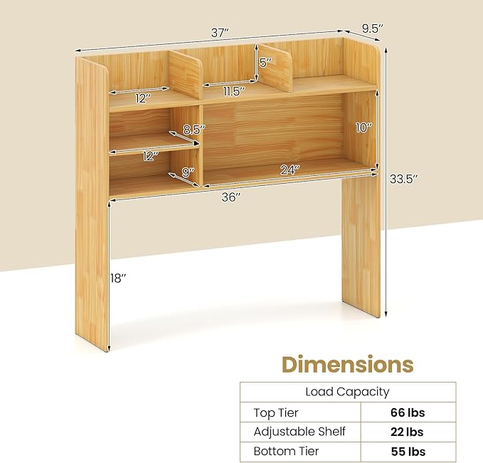 Tangkula Desktop Bookshelf for Computer Up to 32”, 37” Countertop Storage Hutch with 6 Storage Shelves, 3-Tier Desktop Organizer Display Rack, Wooden Desk Hutch for Dorm Home Office (Burlywood)