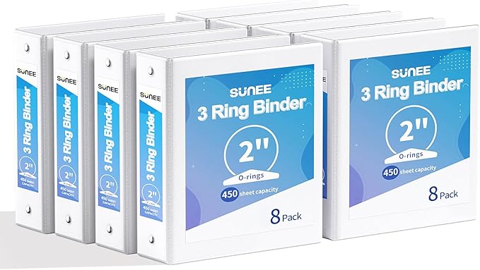 SUNEE 3 Ring Binders 2 Inch 8 Pack, Clear View Binders Three Ring PVC-Free (Fit 8.5x11 Inches) for School or Office Supplies, White