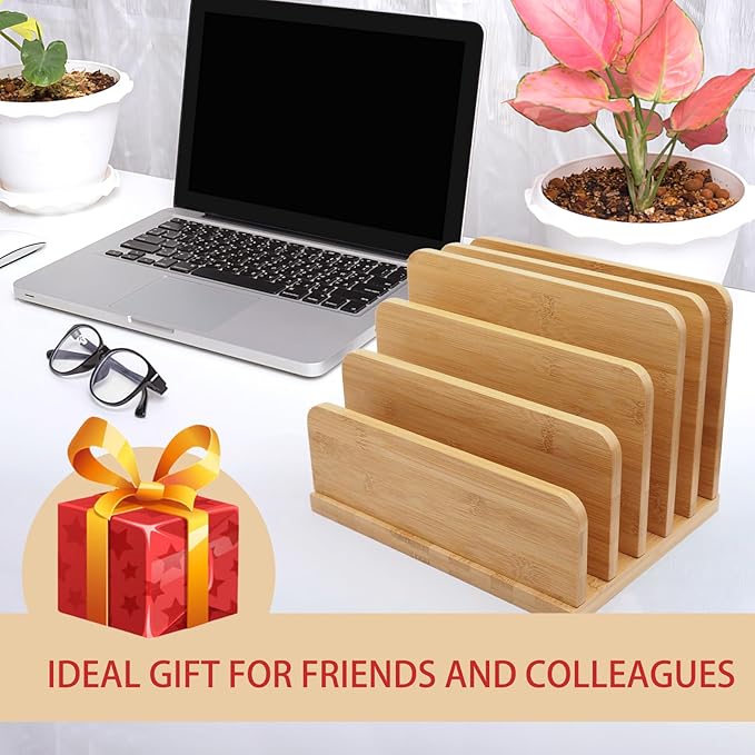 Deefielly Desk File Mail Organizer Countertop, 5 Slots Bamboo Folder Sorter Holder for Letter, Envelope, Paper, Bill Filing, Desktop Tray Organizer for Office & Home