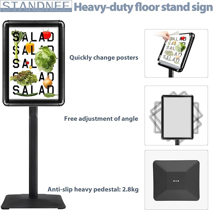 STANDNEE Poster Stand Holder Pedestal Floor Standing Sign Holder 11"x 17" Vertical and Horizontal View Sign Display, Aluminum Snap Open Frame with Safety Corner (Black, 3Packs)