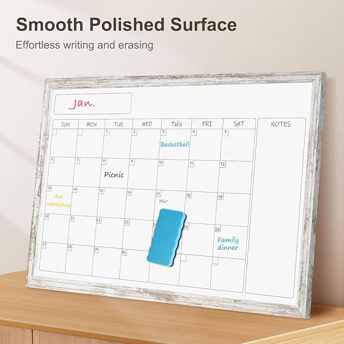 Monthly Dry Erase Calendar Whiteboard for Wall, 36" x 24" Magnetic White Board Calendar Board - Rustic Vintage Wooden Frame