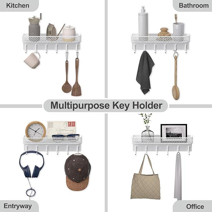 Lwenki Key Holder for Wall – Decorative Stainless Steel Key Hanger with 6 Hooks for Hats, Bags, Leashes – Mail Holder Key Rack with Mounting Hardware and Guide (9.65” x 2.8” x 2.2”) (White)