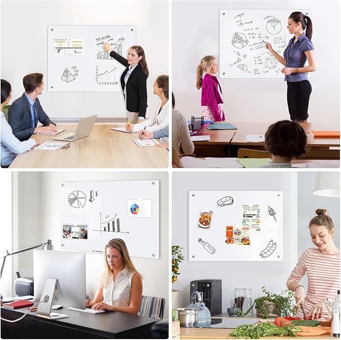 Magnetic Glass Whiteboard, 8' x 4' Glass Dry Erase Board for Wall, 96" x 48" Large Frameless White Board with 1 Marker Tray and 10 Magnets for Office, Home, Classroom - Ultra White