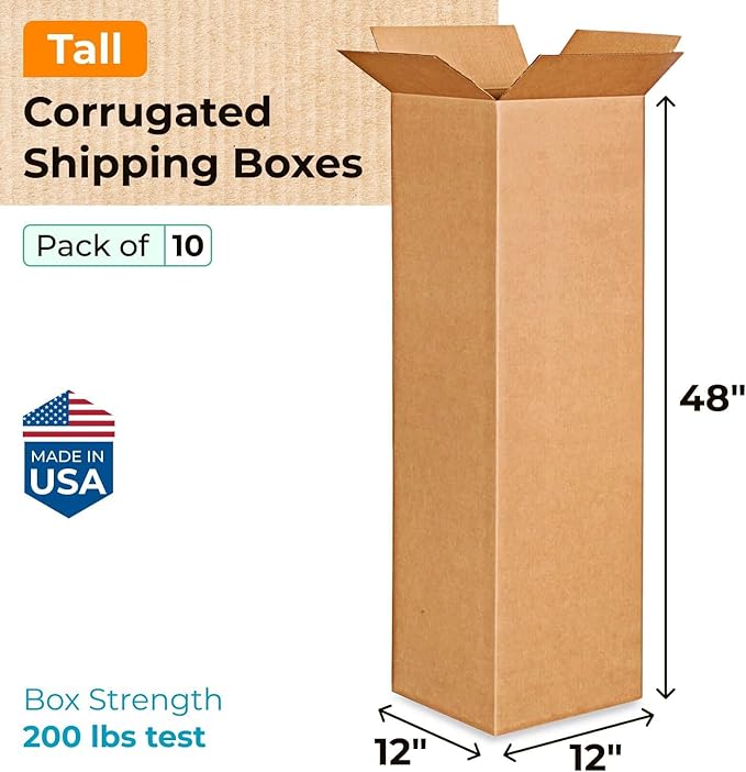 IDL Packaging Medium Corrugated Shipping Boxes 12"L x 12"W x 48"H (Pack of 10) - Prime Choice of Strong Packing Boxes for USPS, UPS, FedEx Shipping - Easy-to-Recycle Cardboard Boxes for Packaging