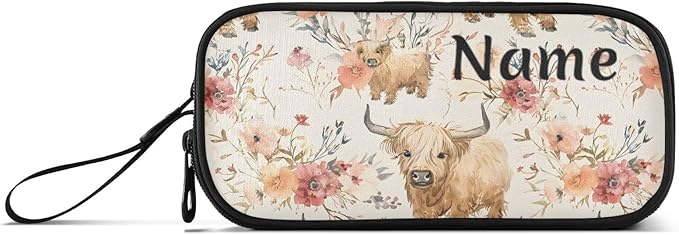 BOENLE Custom Cute Highland Cows Flowers Pencil Case Box Boys Girls Personalized Name Large Pencil Pouch Stationery Pen Bag Organizer for Kids Adults School Office