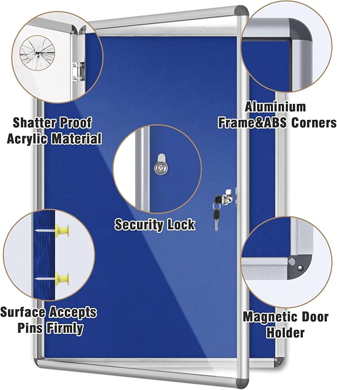 Mifuro 38"x28" Enclosed Bulletin Board, Lockable Weather-Resistant Aluminum Cork Noticeboard for School & Office, Silver Frame w/Blue Flet