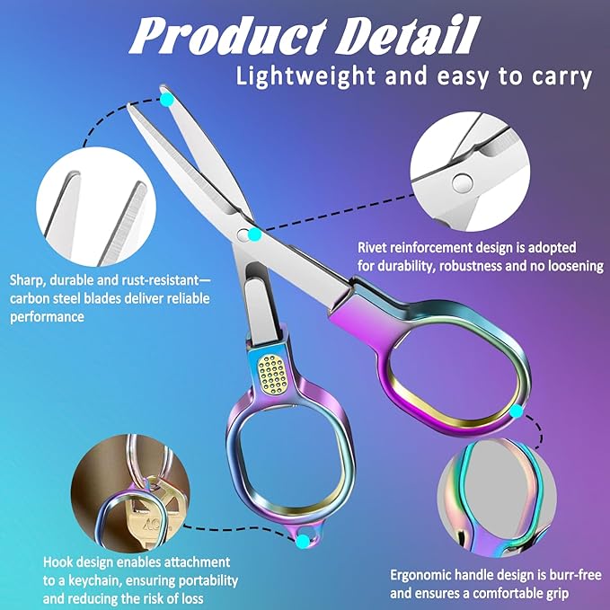 2 PCS Stainless Steel Mini Folding Scissors, Safety Pocket-Sized Multipurpose Scissors with Keychains for Travel, Home, Office, Crafts, Sewing & Nurse Accessories (Colored)