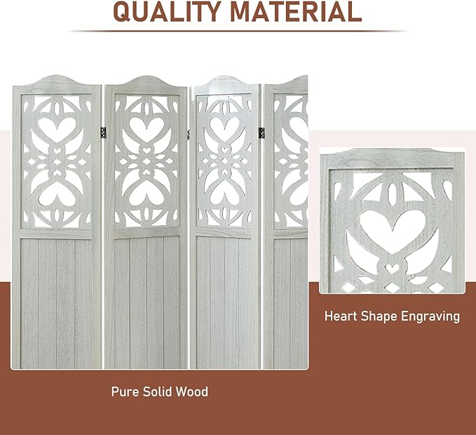 ALeesing 4 Panel Room Divider Fully Assembled, Carved Room Dividers and Folding Screens, 5.6Ft Wood Room Divider Screen Freestanding Partition Wall Dividers for Home Bedroom Office, Rustic White