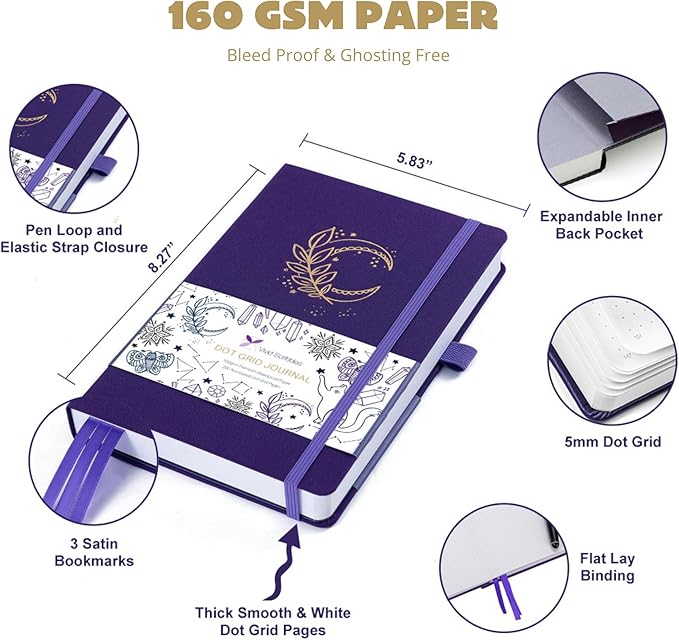 VIVID SCRIBBLES A5 Bullet DOTTED Journal – 160GSM Bleed-Proof Dotted Notebook with 200 Numbered Dot Grid Pages, Lay-Flat Hardcover with Pen Loop & Expandable Pocket (Purple Moon Design)