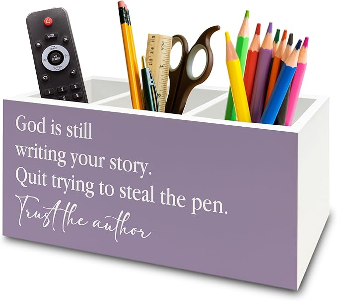 XPH Purple Christian Pen Pencil Holder Organizer for Desk, Christian Gifts for Women, God Is Still Writing Your Story Bible Verse Wooden Box Sign for Home Office Desk Tabletop Decorations