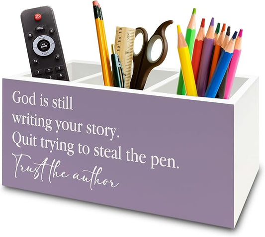 XPH Purple Christian Pen Pencil Holder Organizer for Desk, Christian Gifts for Women, God Is Still Writing Your Story Bible Verse Wooden Box Sign for Home Office Desk Tabletop Decorations