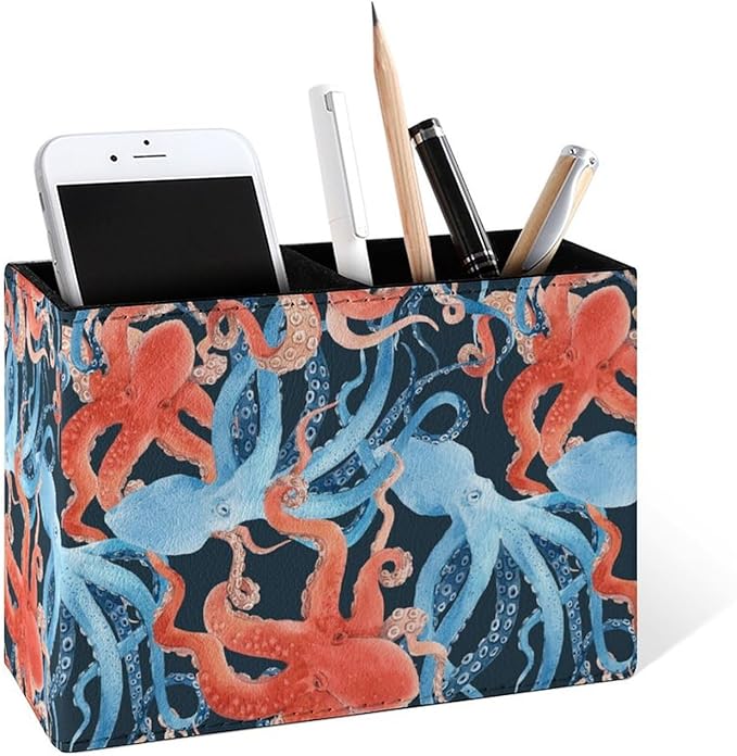Famame Blue Red Octopus Pattern Pencil Holder for Desk, Leather Desktop Container Pen Cup Storage Study Table Pen Organizer Makeup Brushes Holder for Office Home