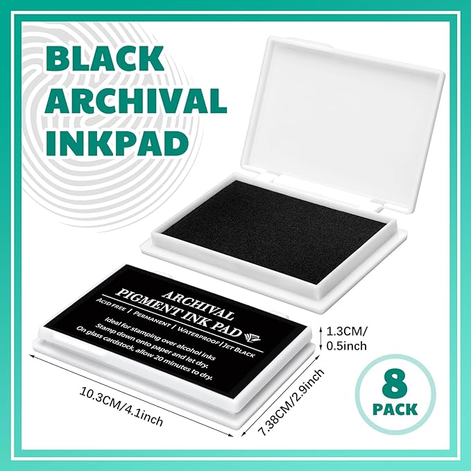 MotiMind 8 Pcs Black Archival Pigment Waterproof Ink Pad for Stamps 3.7 x 2.5 Inch Permanent Waterproof Black Ink Pad for Card Making, Stamping, Scrapbooking Gift