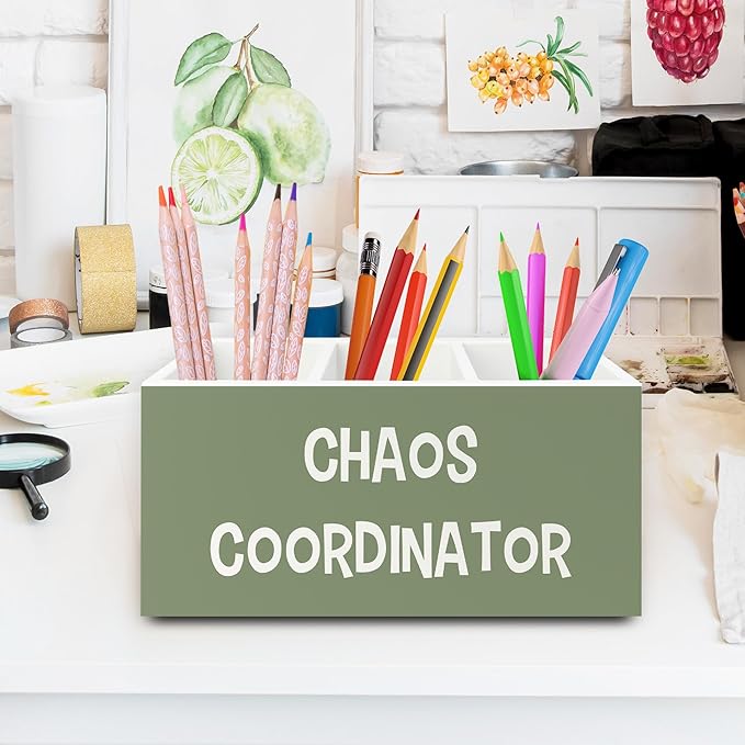 XPH Chaos Coordinator Green Pen Pencil Holder Organizer for Desk, Thank You Gifts for Women Men Coworkers Boss Leader Manager, Appreciation Gifts Wooden Box Sign for Office Tabletop Decorations