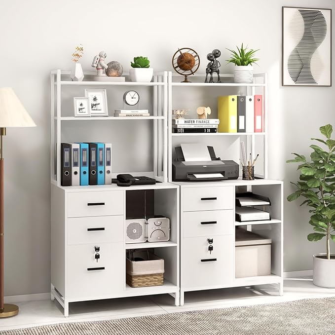 Livofloral Vertical File Cabinet with Charging Station, Filing Cabinets for Home Office, Large Printer Stand with Open Storage Shelves, 3 Drawer Filing Cabinet with Lock fits Letter/A4 Size, White