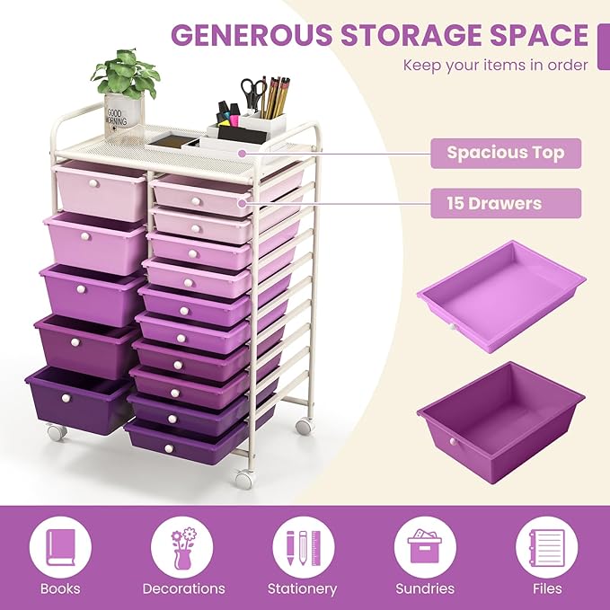 GOFLAME 15-Drawer Rolling Storage Cart, Craft Storage Cart with Removable Drawers & Lockable Wheels, Art Cart Supply Storage Organizer for Home Office Classroom, Purple Gradient
