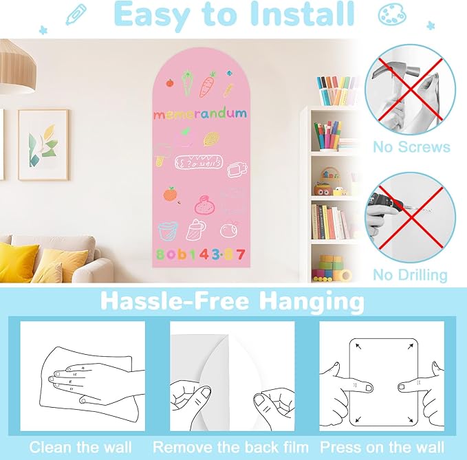 WUPIOS Magnetic Wall Decal Pink 39.3x17.5 Inch Arch Magnetic Chalkboard for Wall Magnetic Board for Playroom Peel and Stick Self Adhesive Blackboard with Colorful Liquid Chalks Magnet Wall Decal